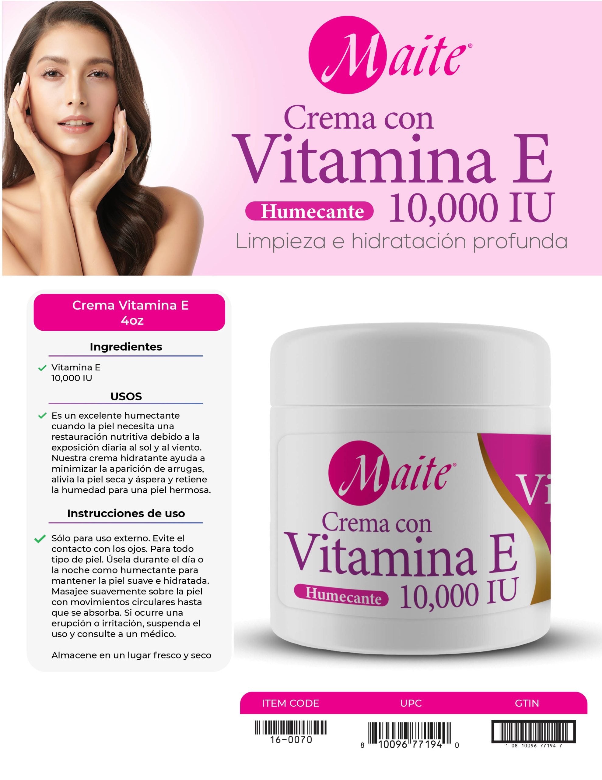 MAITE crema idratante con vitamina E 10,000IU 4OZ