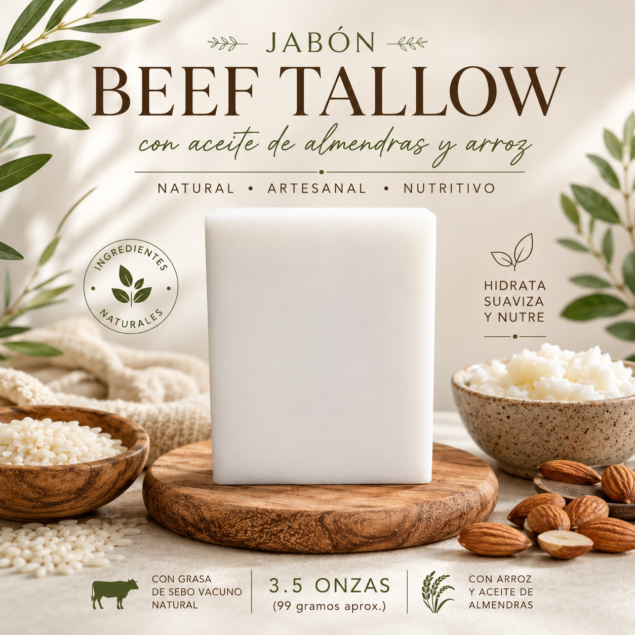 Beef Tallow Rice and almond oil’s Soap 3.50oz